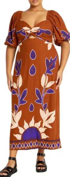 City Chic Rust Brown Puff-Sleeve Maxi Dress – Smocked Back MSRP $159 - Picture 1 of 12